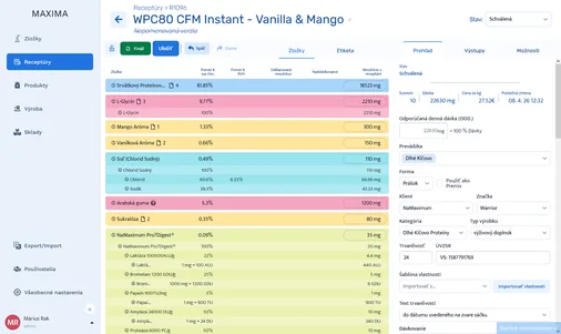 Systém MAXIMA – editor receptúry výživového doplnku